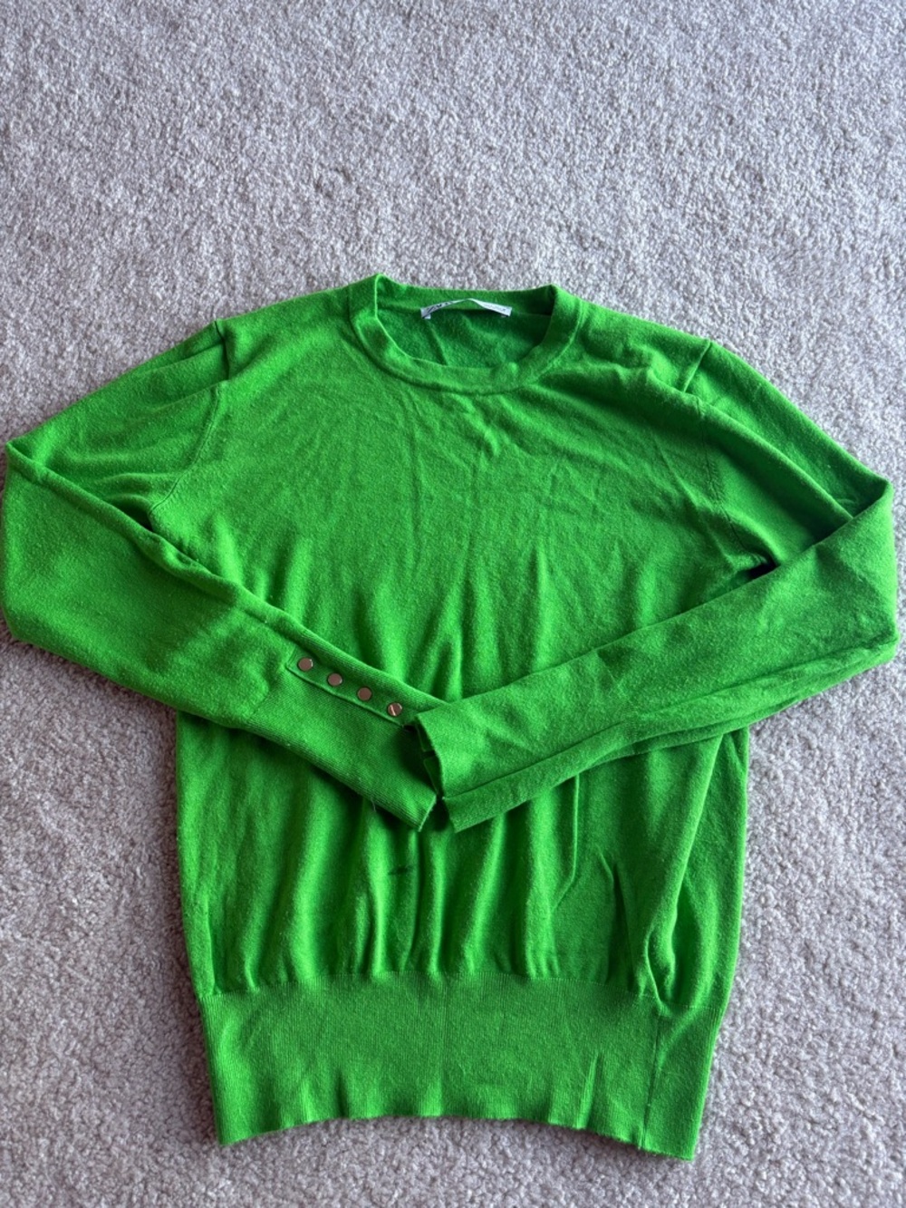 Zara Bright Green Crewneck Sweater with Button Cuffs